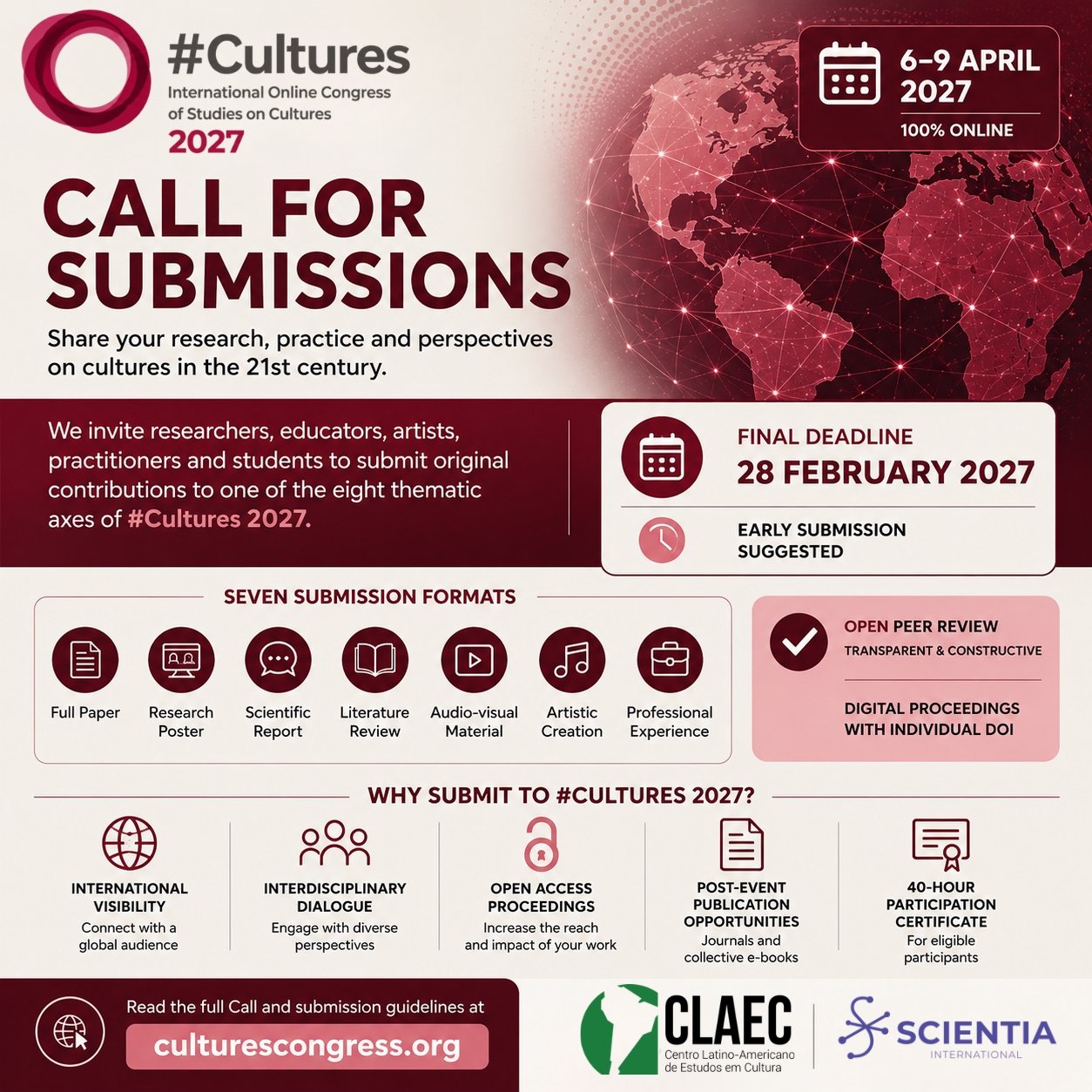 Square graphic announcing the #Cultures 2027 call for submissions, for the online congress taking place 6&ndash;9 April 2027. Submissions close on 28 February 2027 and may include academic, artistic, audiovisual and professional contributions. The graphic also highlights open peer review, open access proceedings with DOI and international participation.